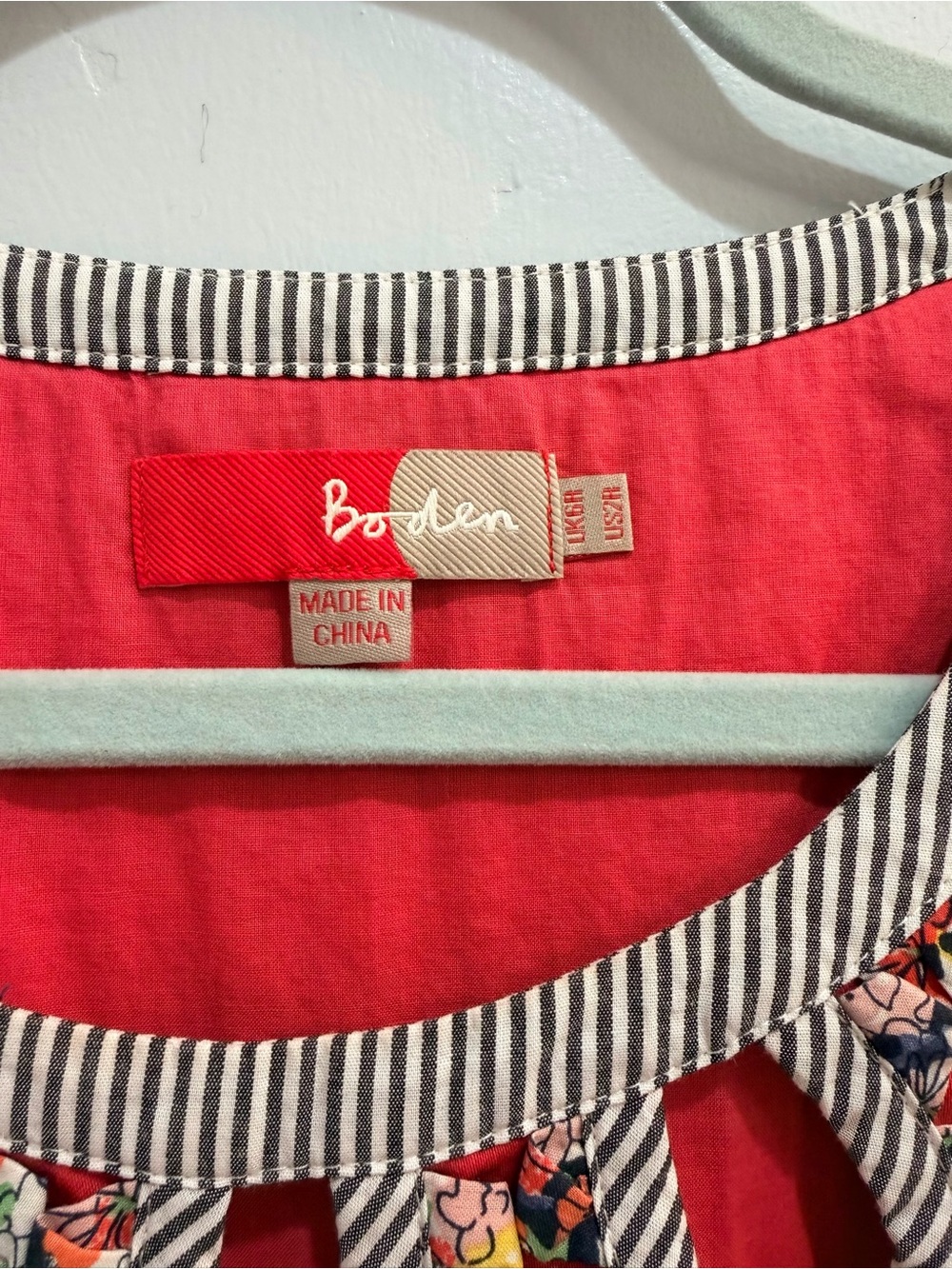 Boden Coral Pink Cotton Shift Dress with Cutout Neckline Striped Floral Trim 2 - Picture 7 of 16